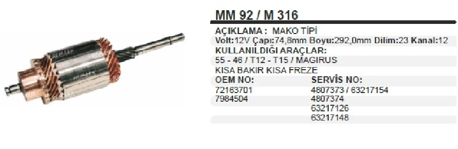 Marş Kollektörü Marelli Tipi Kb-Kf 12V - Ford Transit T15, TM30, Fiat 55;46 Yeni Model, Magirus-Mf 135, 240-Steyr- Boy | OEM IM316