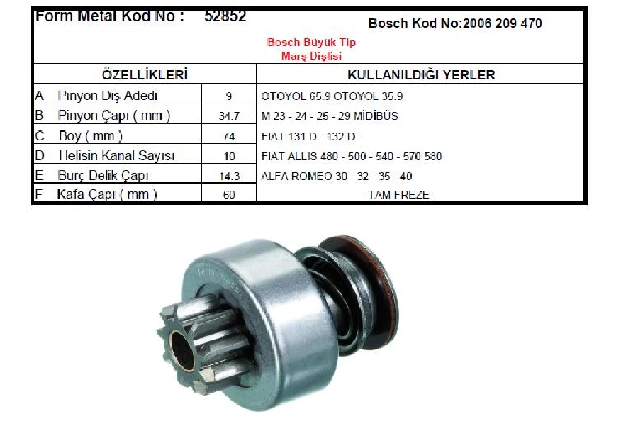 Marş Dişlisi Tam Fr 9D-10K - Bosch Tipi Iveco M23,24,25 Alfa Romeo Volvo Traktör | OEM 52852