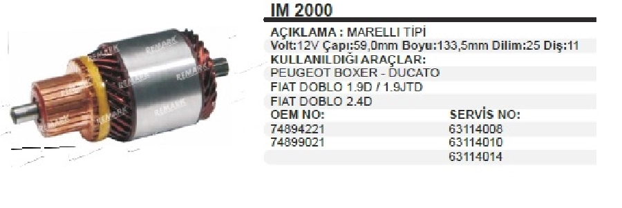 Marş Kollektörü M. Marelli Tipi 12V Im 2000 74892221 Fiat Ducato 2.4 D-Doblo 1.9 D, JTD, Peugeot Boxer Boy | OEM IM2000