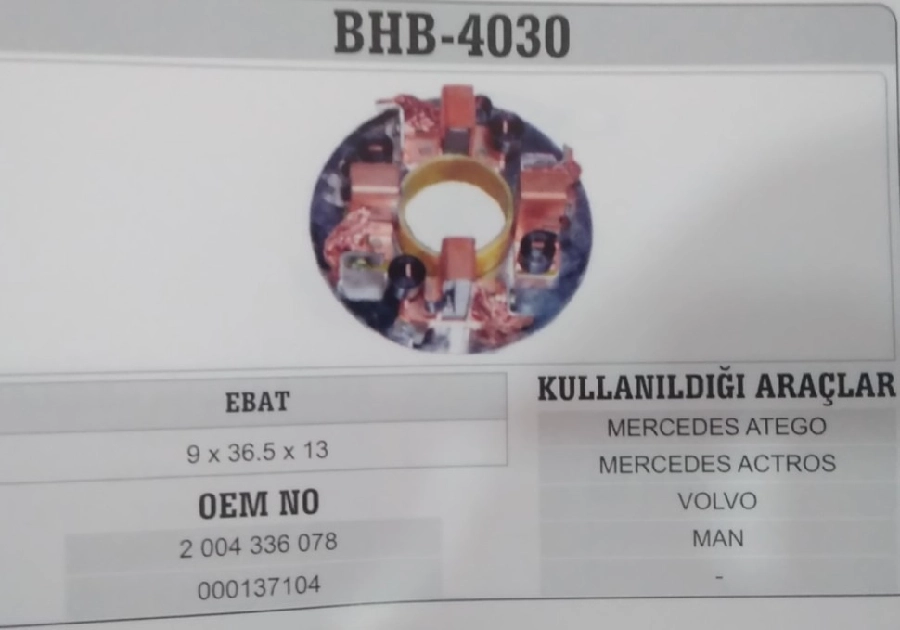 Marş Kömür Yuvası Bosch Tip 24V Atego-Actros, Volvo, DAF Scania 360,420 Bhb 4030 2004336078 9x36,5x13 | OEM BHB4030