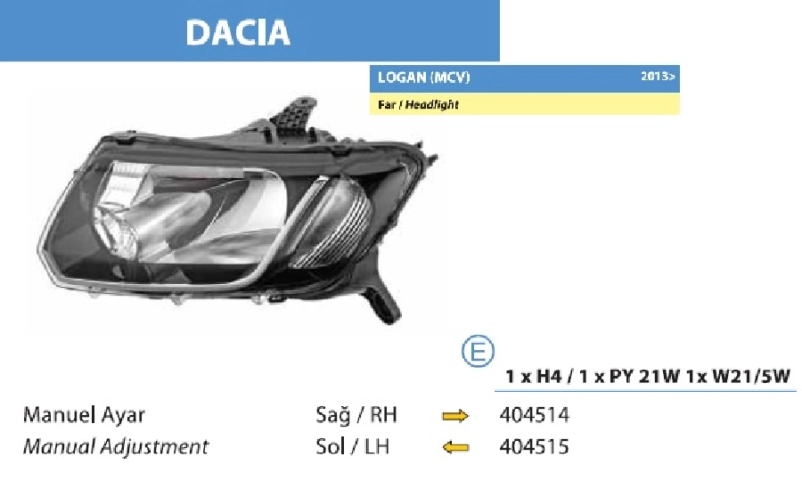 Dacia Logan Sandero (2013-…) Far Sol 260601236R-260609872R-260605211R | OEM 404515