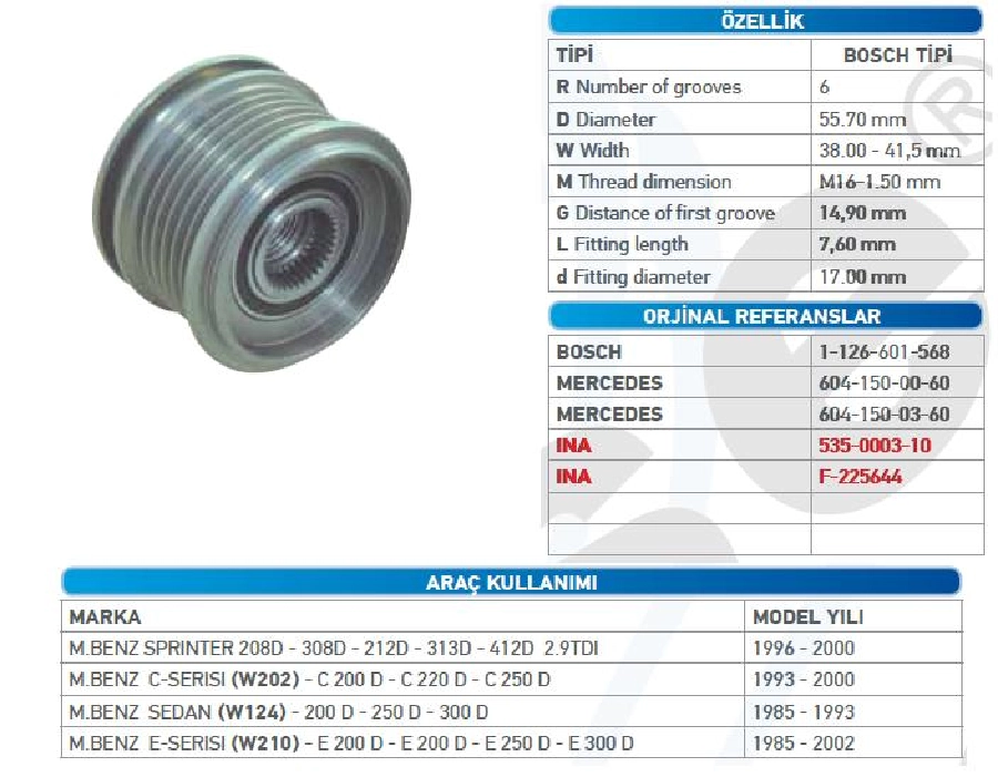 Alternatör Kasnak Bilyalı - Mercedes Benz C Serisi 200D - 220D 1996-2005 -200D1989 ve sonrası 90A-120A Bosch KSN91254 | OEM WUT.1102.0047