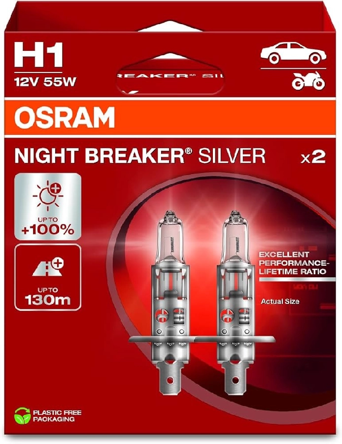 Ampul 12V H1 (2 Adet) 55W Nıght Breaker Sılver %100 Güçlü Işık | OEM 64150NBS-2HB