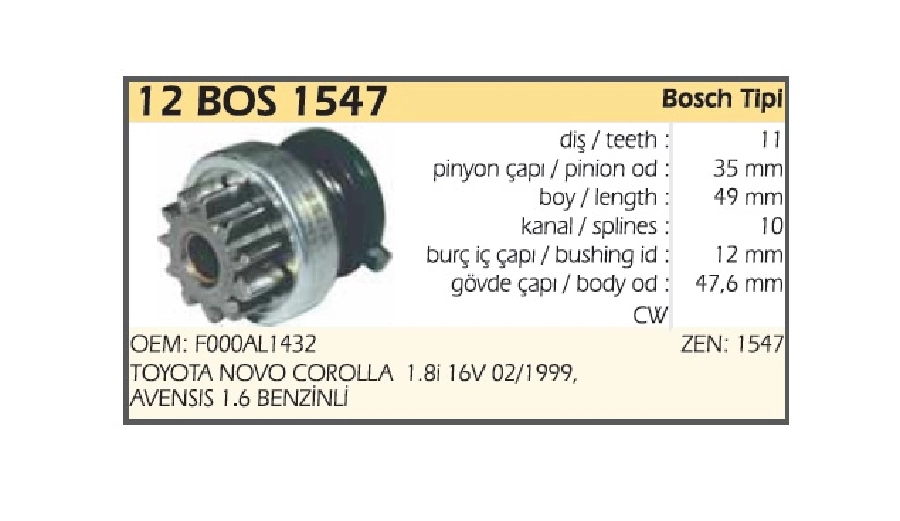 Marş Dişlisi Bosch Tip 11 Diş Toyota Avensis 1.6 Corolla 1.6 Benzinli | OEM 12BOS1547