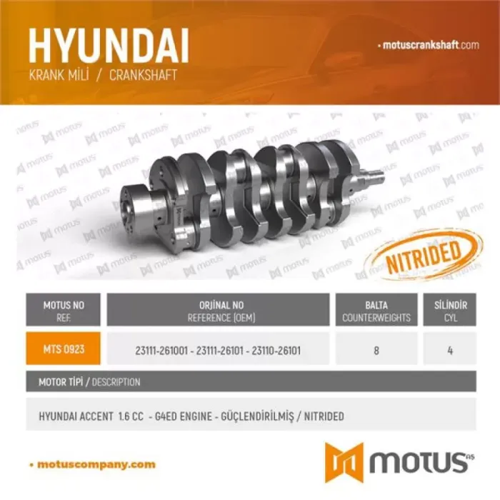 Krank Mili Hyundai Accent Era 1,6 Benzinli 2006> Accent 1,6 Benzinli 2000 2006 Cerato 1,6 Benzinli 2005> Rio 1,6 Benzinli 2005> | MOTUS 923 | OEM 23111-261001