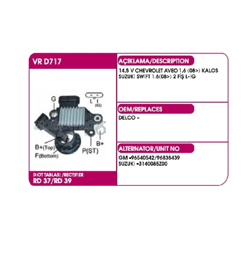 Konjektör Delco Tipi 2014 ve sonrası, 5V Chevrolet Captıva, Aveo, Kalos, Lacetti, Suzuki Swift 1,6L 2008 ve sonrası 3 F | OEM VRD717