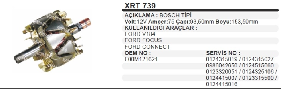 Rotor 12V 1975 ve sonrası 110A Bosch Tipi Ford Transit V184, Mondeo, Connect, Focus ÇAP:93,50mm BOY:153,50mm | OEM XRT739
