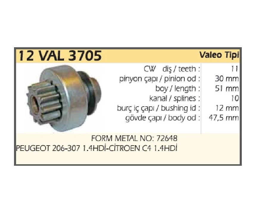 Marş Dişlisi Valeo Tip 11D Pinyon ÇAP:29mm BOY:51mm Kanal SAYISI:10 Burç Delik ÇAP:12mm Kafa ÇAP:47m | OEM 12VAL1822