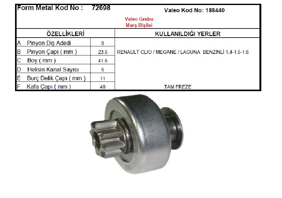 Marş Dişlisi 8D Valeo Tipi Benzinli General Motors Renault Clio-Megane Scenic 1,4-1,5 Motor | OEM 12VAL1064
