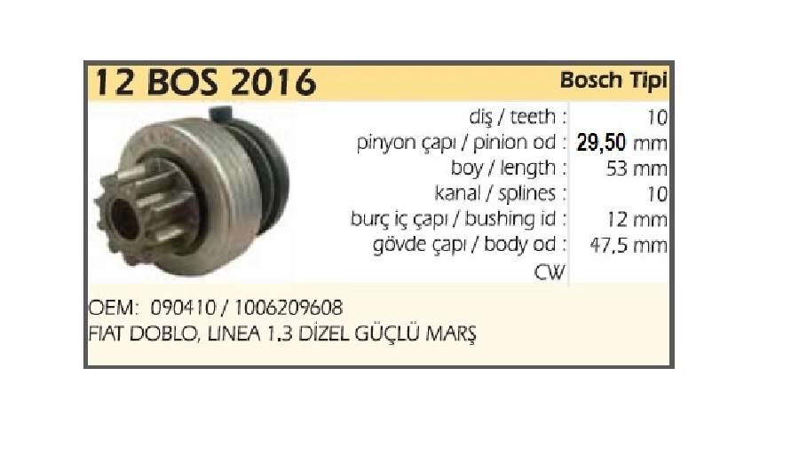 Marş Dişlisi 10 Diş Bosch Tipi Cw Fiat Doblo, Linea 1.3 Dizel Güçlü Marş | OEM 12BOS2016