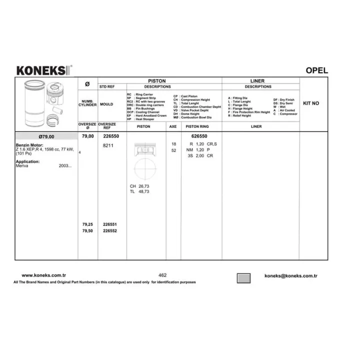 Piston+Segman 79MM Std Astra H 1,6 Twinport - Meriva 1,6 03--> X16XEP | KONEKS 226550 | OEM 8771672S