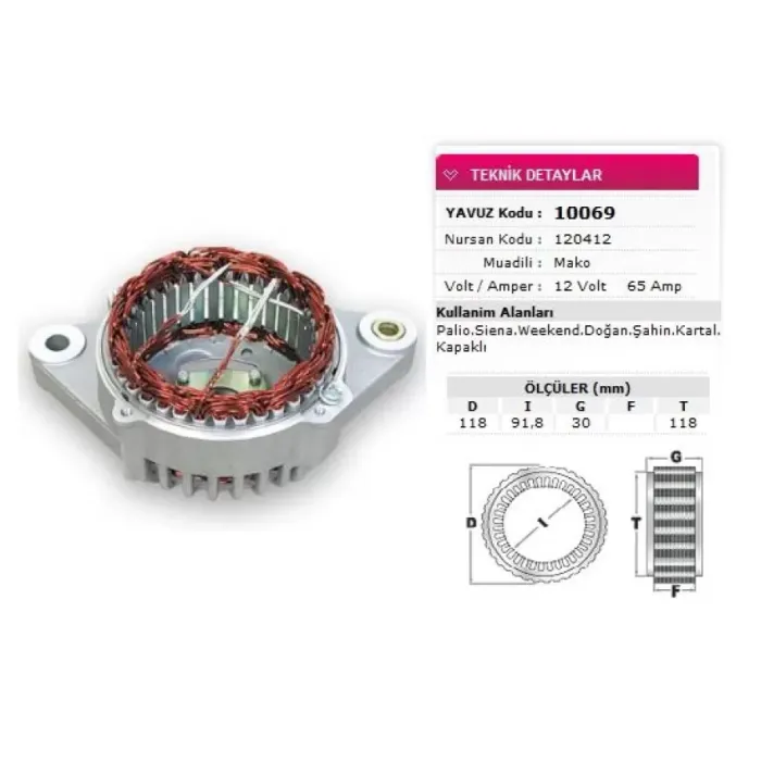 Stator Mako Tip 12V 65A Palio Siena Weekend Dogan Sahin Kartal Kapakli Nursan 120412 | YAVUZ 10 069