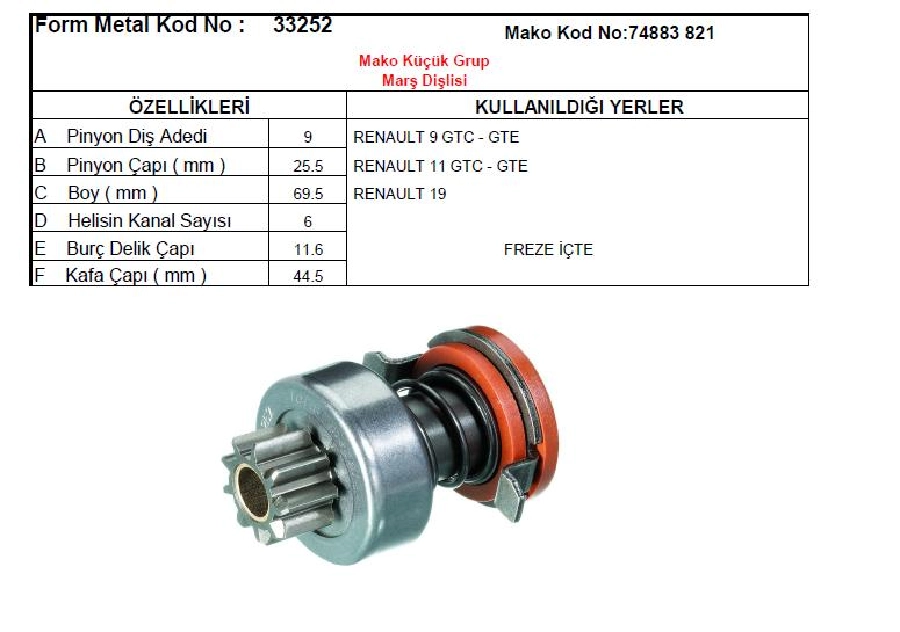 Marş Dişlisi Mako Tip 9D - Renault 9,11,19,21 | OEM 74883821