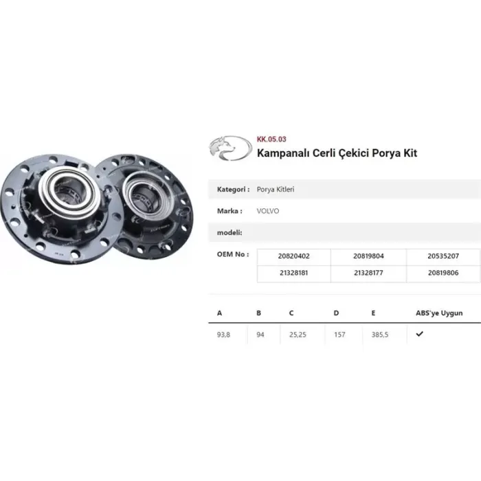 Dingil Poryasi Arka Teker Cerli Kampanali Rulmanli Volvo Fh-Fm | KURTSAN KK.05.03 | OEM 20820402-20819804-20535207-21328181