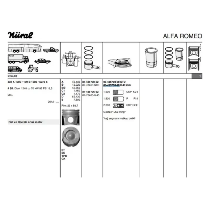 Motor Segmani Fiorino 1,3JTD 16V Bipper Nemo 1,3HDI 16V 75HP Multijet II Euro 5 Motor Astra J Corsa D Meriva B A1,3DTE (1,3CDTI 16V) 09> (69,60MM) / (0,40 Farkli) Olcu: (1,5 * 1,5 * 2) | GOETZE 64357069G | OEM 71752646 71752646 71752647 71752647