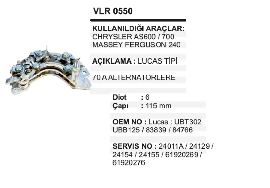 Diyot Tablası Mf Traktör 240, 240S, 255 Ep, 260 G Chryslerpd 600, 700, 800, Tümosan | OEM VLR0550