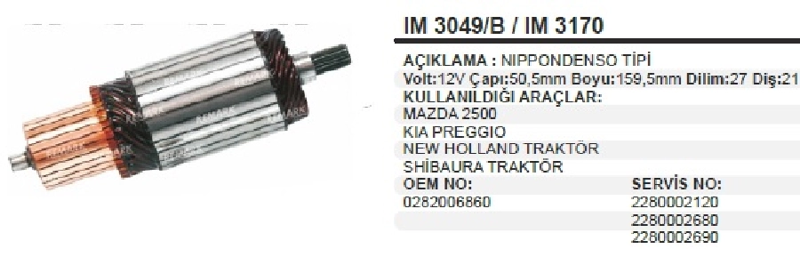 Marş Kollektörü 12V. N Denso Tipi Çap 50.5mm Boy 159.5mm 27 Dilim 21 Diş Toyota Hilux, Land Cruıser Mazda | OEM IM3049B