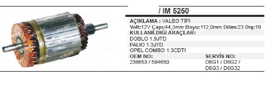 Marş Kollektörü 10D Valeo Tip 12V - 1,5 DCI Yeni Model Kango Doblo-Palio-Albea 1.3 JTD Multijet BOY:112 CAP:44 DI | OEM IM5250