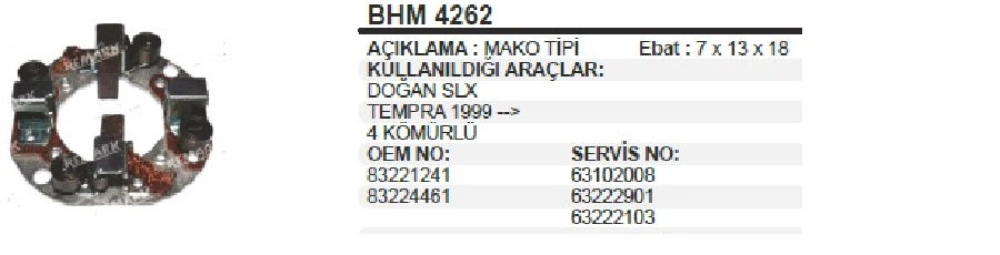 Marş Kömür Yuvası - Doğan-Kartal-Şahin-Tempra Palio-Siena-Weekend 1400-1600 4 Kömürlü | OEM BHM4262