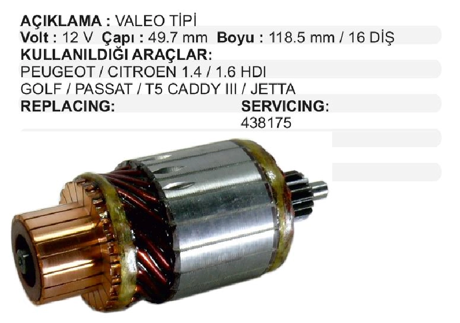 Marş Kollektörü Valeo Tipi 12V 12V Citroen Berlingo, C3, C5, Jumper, XSARA*Renault Master Yeni Model (Start ve Stop | OEM IM5270