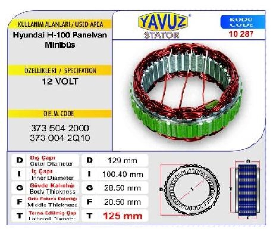 Statör Japon Tip 12V 65A Hyundai H-100 Panelvan-Minibüs (10287) | OEM 150012
