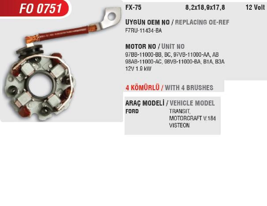 Marş Kömür Yuvası Motograft Tip - Transit 2.0-2.2-2.4-2.5-, C Max-Fiesta-Focus-Kuga-MONDE0-S Max-V184) | OEM FO0751