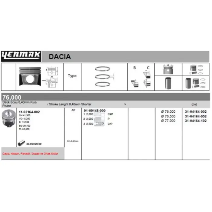 Motor Piston+Segman Clio Kangoo (Pim Capi 26MM) (1.5 Dci K9K Bp) [(76.00MM Std (+0.50MM)] (0.40 Kısa) | YENMAK 36-04164-052 | OEM 120A10538R