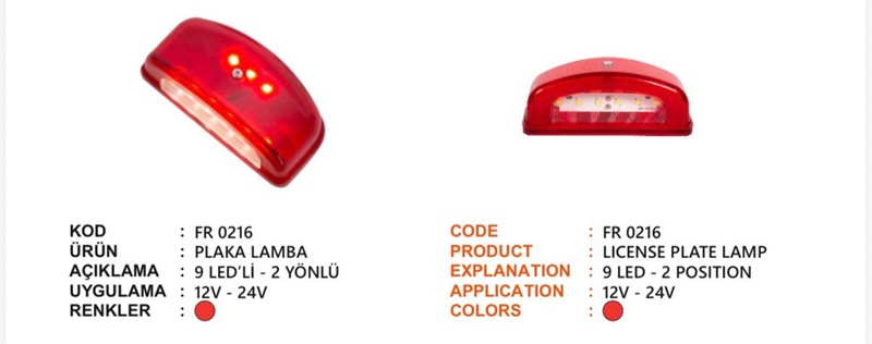Fr Plaka Lambası 2 Yönlü 6 Ledli Kırmızı 12-24 Volt