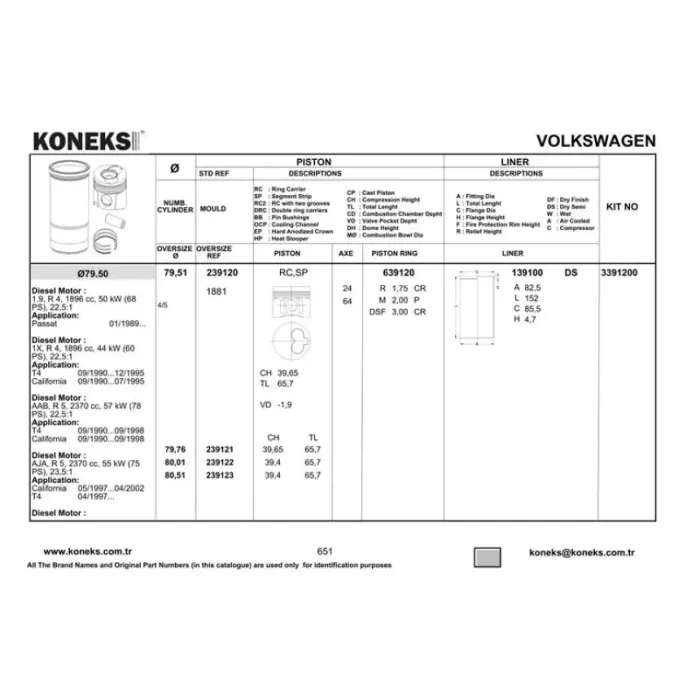 Piston+Segman 79.51MM Std 2,4D 24 Pim A80 A100 Cordoba Ibiza Inca Toledo Felicia Caddy 2 Golf 3 Passat Polo T4 Vento Aja 1×1Y 3D Aab Aas Adg Aef | KONEKS 239120 | OEM 028107065CF 028107065F