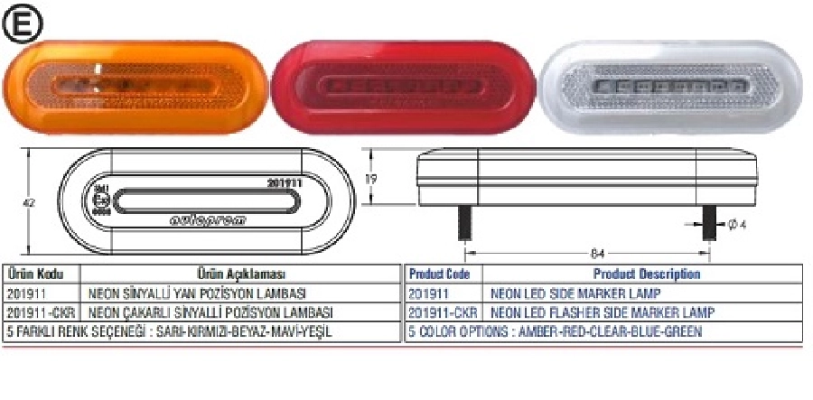 Neon Sinyalli Yan Pozisyon Lambası Kırmızı 24V | OEM 201911K-24V