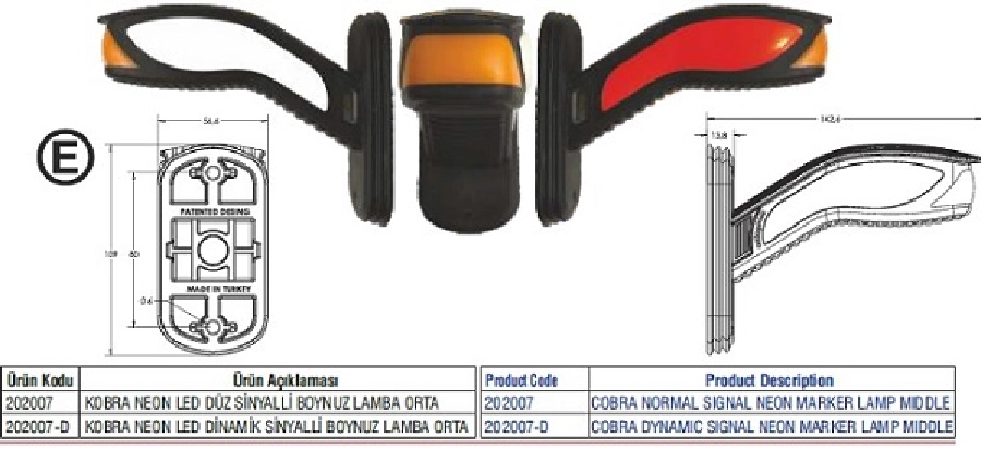 Kobra Neon LED Düz Sinyalli Boynuz Lamba Orta 24V | OEM 202007