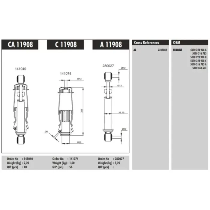 Kabin Amortisoru Arka (Koruklu) - Renault / Kerax - Premium 370-400-420 00> - Premium 430-460 06> | CONNECT CA 11908 | OEM 5010228908 5010269674 5010316783