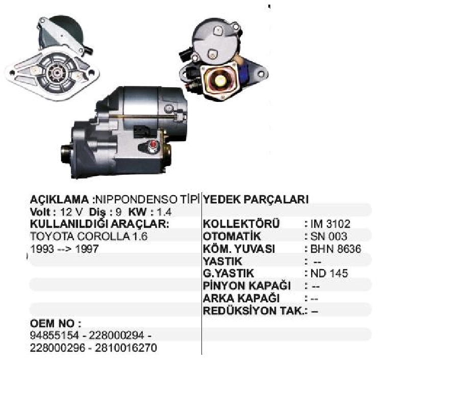 Marş Motoru 12V 9D 1,4 kW Denso Tipi Toyota Corolla 1,6 1993-1997 | OEM STR4710