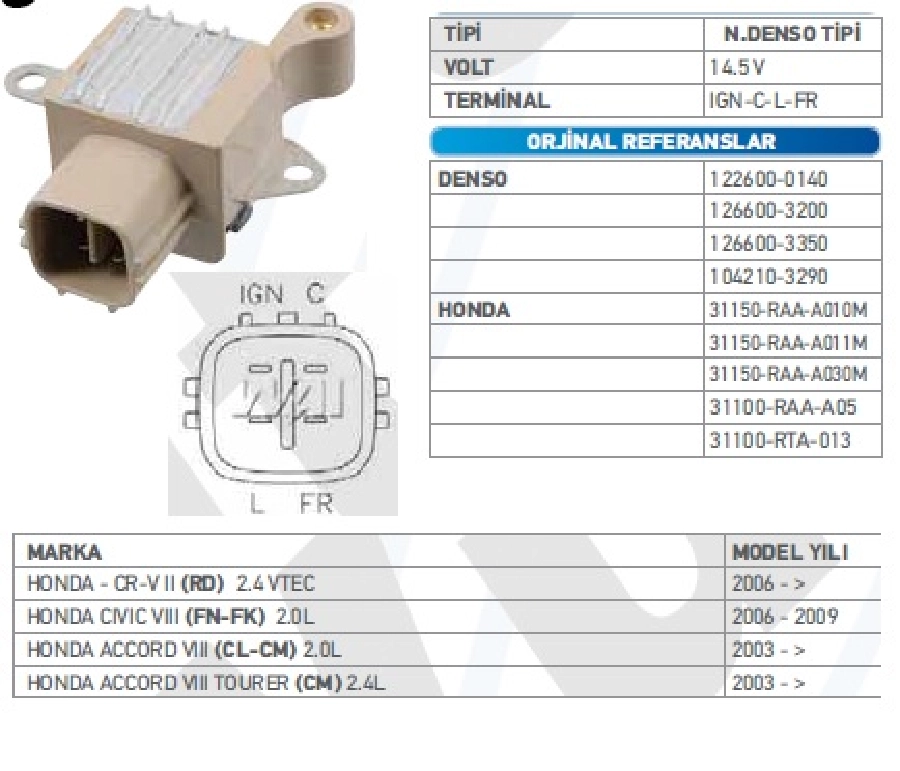 Konjektör Nippon Denso Tip 12V (14.5V) Honda Crv, Civic 7, 3 (06-) V Tec, Accord 2.0-2.4 2003 ve sonrası 2 | OEM TRS.YR.IN6335
