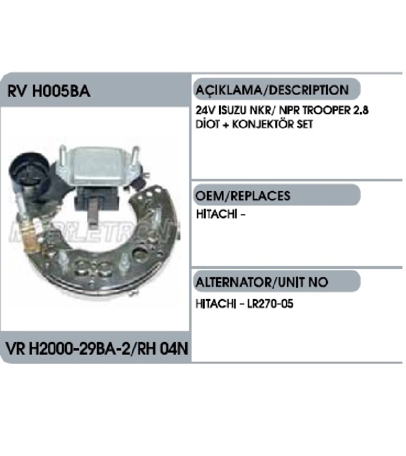 Diot Tablası + Konjektör Set-24V Hitachi Tipi Isuzu Npr, Nkr | OEM RVH005BA