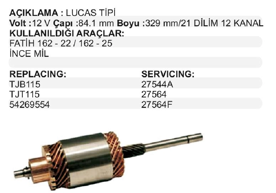 Marş Kollektörü 12V (554) - Fatih 162-22, 162-25 İnce Mil | OEM TJT115