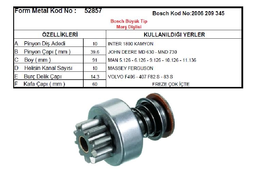 Marş Dişlisi 10D Bosch Tipi - Inter Traktör 1800, Volvo, MAN, DAF, Mf Renault Linde Yanmar Marine | OEM 52857
