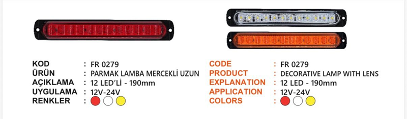 Fr 12 Ledli Parmak Lamba Mercekli Uzun 190MM Sarı 12-24 Volt