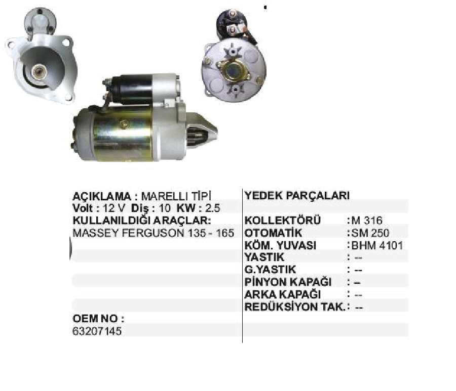 Marş Motoru 12V 10D 2,5 kW Marelli Tipi Mf 135 148 165 240 Uzel Traktör Sağ Agız | OEM STR4656