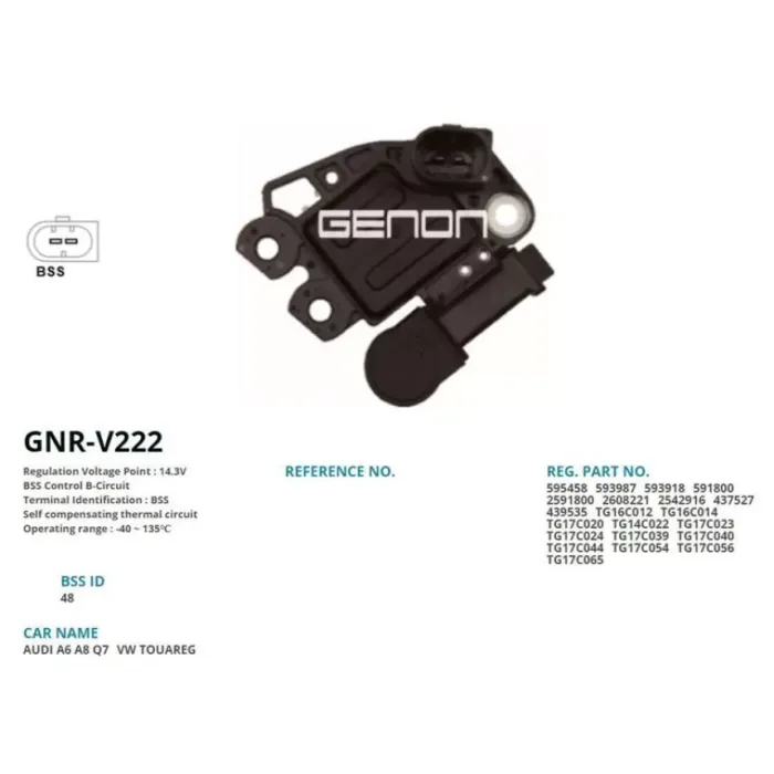 Alternator Konjektor Valeo Tip 12V Audi A6 2.0 Tdi - A8 - Q7 3.0 Tdi / Porsche / Volkswagen Touareg 3.0 Tdi (Bss) | GENON GNR-V222 | OEM VR-V2975 M600