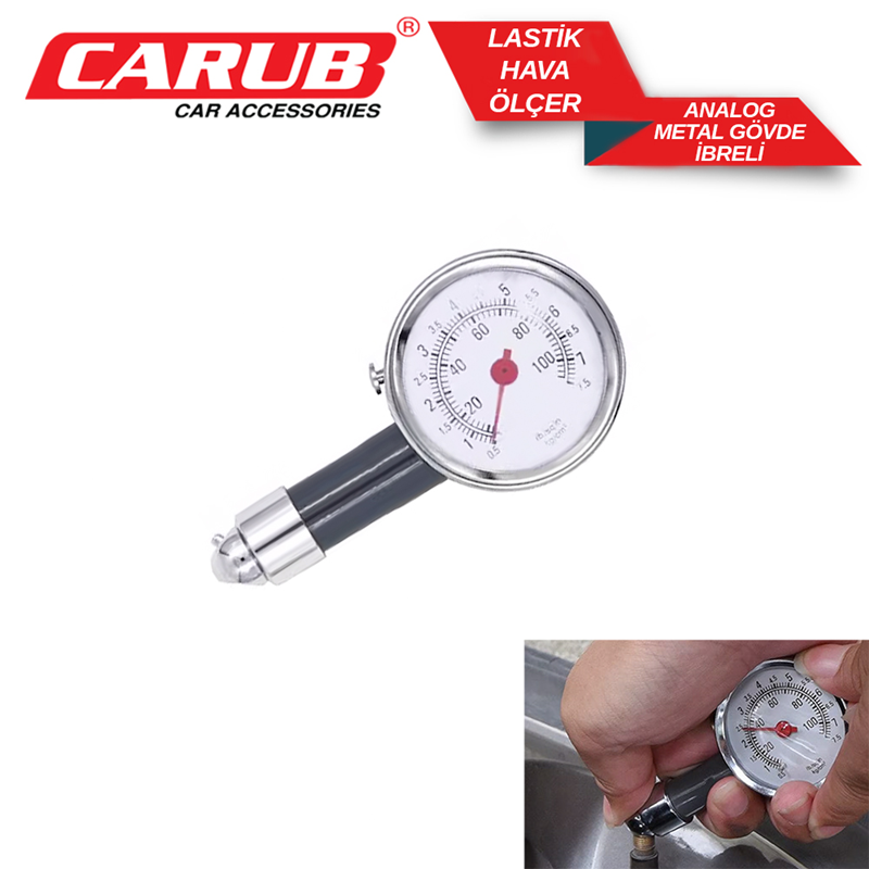 Carub Lastik Hava Ölçer Metal Gövde İbreli Analog