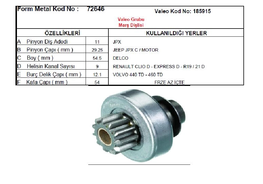 Marş Dişlisi 11D Kısa Valeo Tip - Renault 19 Dzl, Partner 405, Daewoo Jpx Jeep | OEM 72646