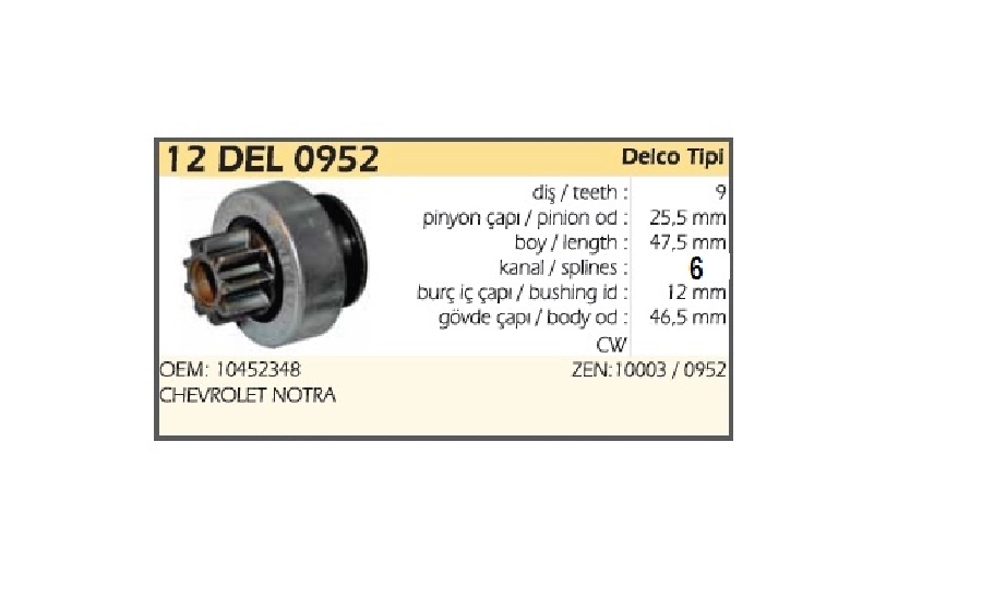 Marş Dişlisi 9D 6 Kanal Delco Tipi (10003) Buick-Cadıllac-Chevrolet-Isuzu | OEM 12DEL0952