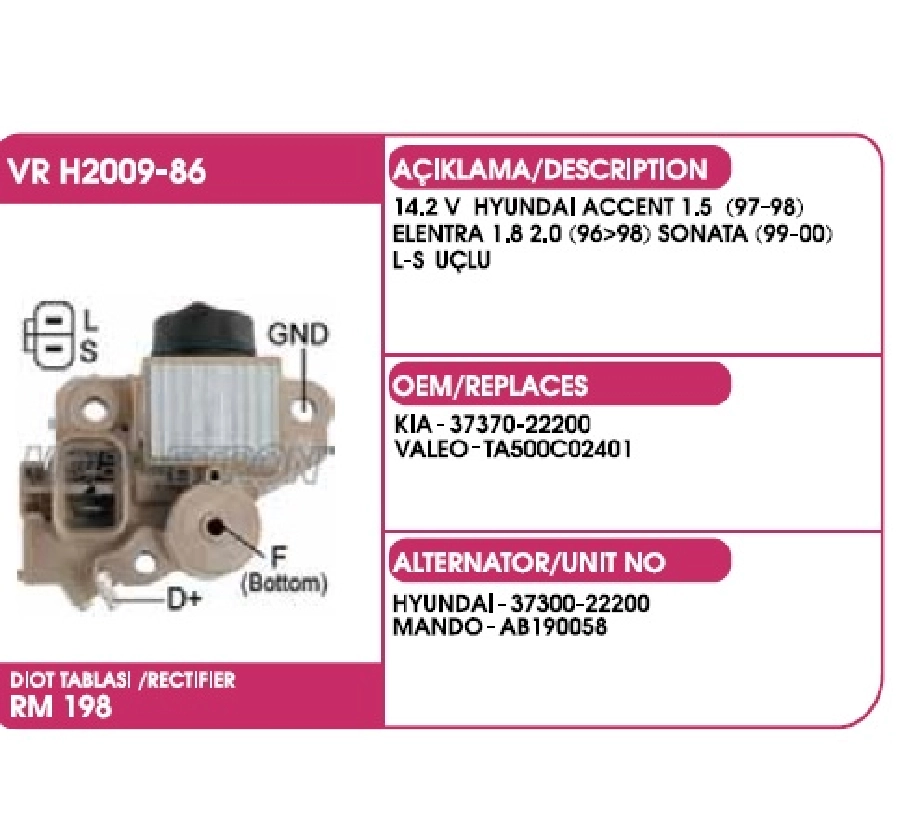 Konjektör 12V Mando Tipi Hyundai Accent - Excel - Elentra S-L Uçlu | OEM VRH2009-86