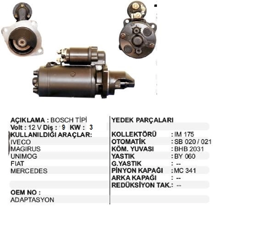 Marş Motoru 12V 9D 3,0 kW Bosch Tip İveco, Magirus, Mercedes, Üniversal Adaptasyon | OEM STR8001