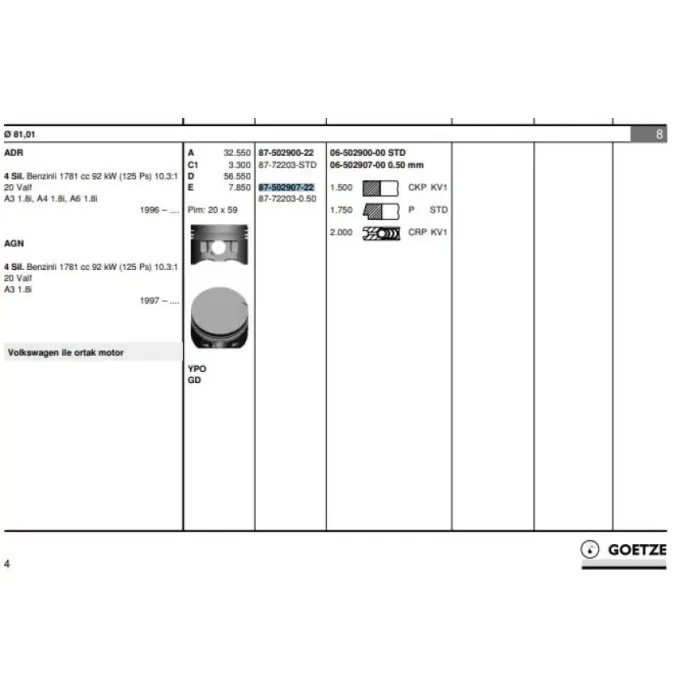 Piston+Segman (81,51MM 0,50) Golf 4 Bora A3 A4 A6 Leon Toledo 2 Octavia Passat 1,8 125PS Adr Agn Apt Arg Avv 95>06 | GOETZE 8772203050000G | OEM 058107065J 058107065M