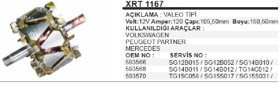Rotor 120A 12V Valeo Tip - 1,5 DCI Çap: 105,5mm Boy: 148mm, Mercedes, VW, Peugeot Partner | OEM XRT1167