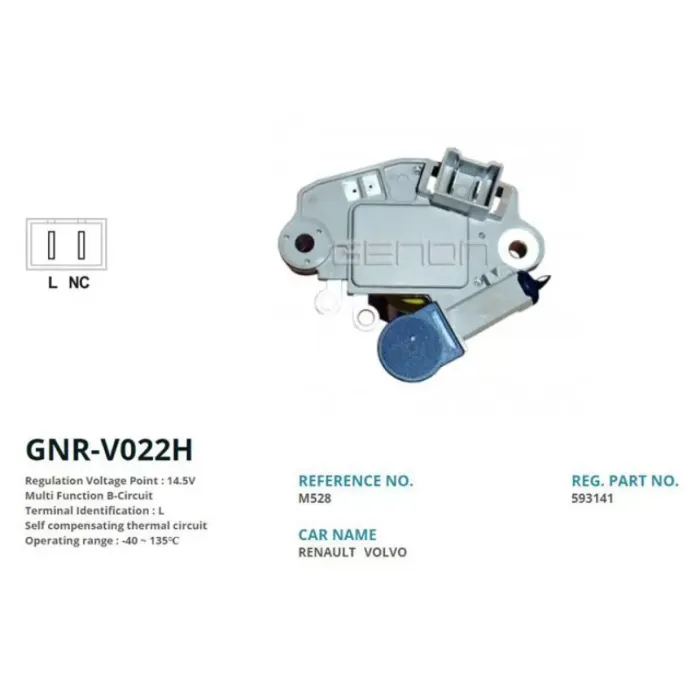 Alternator Konjektor Valeo Tip 12V Renault Twingo / Laguna / Volvo 2 Fis (L) | GENON GNR-V022H | OEM VR-PR1601 M528 593141