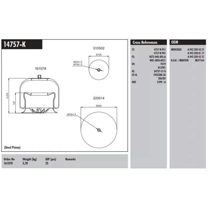 Komple Metal Pistonlu Chrysler Mercedes Benz Ror Dorse | CONNECT MD 14757-K | OEM A 942 320 43 21