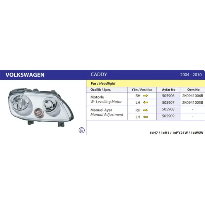 Far Sol Elektrikli Touran Caddy (Motorlu) 03>10 | AYFAR 505907 | OEM 2K0941005B